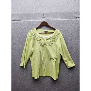 Womens Green Embroidered 3/4 Sleeve Top By Morning Sun Size XL